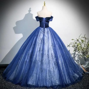 Elegant Navy Blue Off-The-Shoulder Evening Dress With Floral Print And Sheer Layer Long Tutu Skirt Empire Waistline - Product Image 4