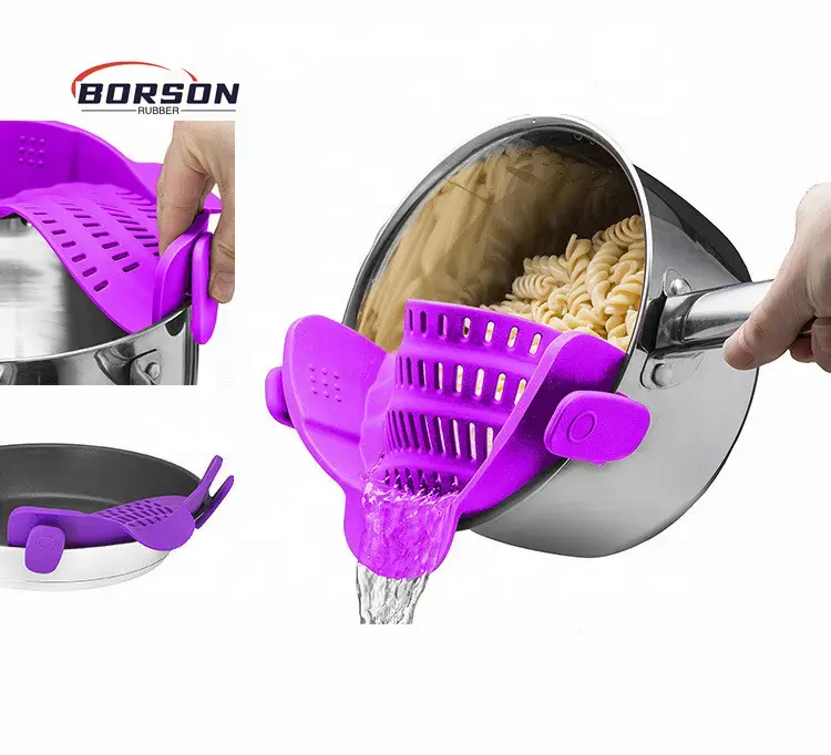 Household Heat Resistant rubber Pot Strainer Clip Factory Price Adjustable Snap On Silicone Pot Strainer