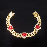 Promotion Chaîne cubaine 12 mm avec trois pierres en forme de cœur rouge, collier en alliage de zinc, style bling-bling, hip-hop, pour rappeur, bijoux de mode