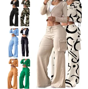 दो पीस सेट महिलाओं के कपड़े पैचवर्क वाइड लेग पैंट और महिलाओं के लिए लंबी आस्तीन वाले छोटे टॉप आउटफिट, पॉकेट के साथ पैंट सेट