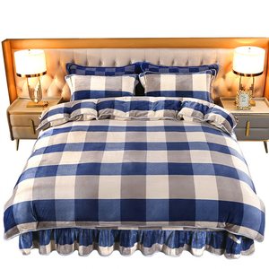 Juego de Ropa de Cama de Terciopelo Liso Azul a Cuadros, Juego de Cuatro Piezas con Falda para Cama, Ropa de Cama de Invierno para el Hogar - Product Image 2