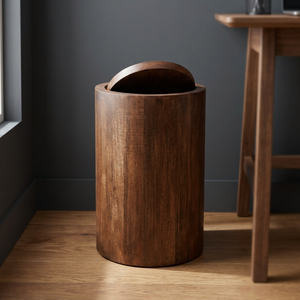 Poubelle en bois artisanale |   Design moderne du milieu du siècle |   Écologique et durable |   Boîte de rangement à couvercle battant en noyer brun |   Forme de fleur | - Product Image 2