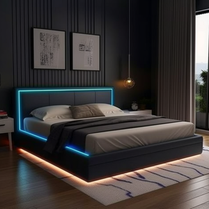 Индивидуальная светодиодная полноплатформенная кровать размера «Queen-Size» мягкая двухъярусная кровать каркас мебели для спальни набор со светодиодным освещением для хранения ткани - Product Image 4