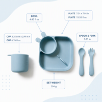 Ensemble d'alimentation pour bébé en silicone personnalisé 4 pièces avec assiette divisée, tasse d'apprentissage, cuillère, fourchette, vaisselle pour tout-petits