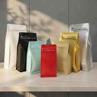 Sachets à café à fond plat avec valve de dégazage et fermeture éclair, en aluminium mat, scellés sur huit côtés, pour emballage alimentaire