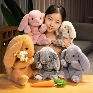 Promotional Wholesale Fluffy Cute Long Ear Brown White Grey Pink Stuffed Plush Bunny Rabbit Toys