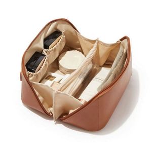 Travel Makeup <b>Bag</b> <b>Large</b> Capacity Women PU Cosmetic Organizer Waterproof Portable Open Flat <b>Toiletry</b> <b>Bag</b> - Product Image 1