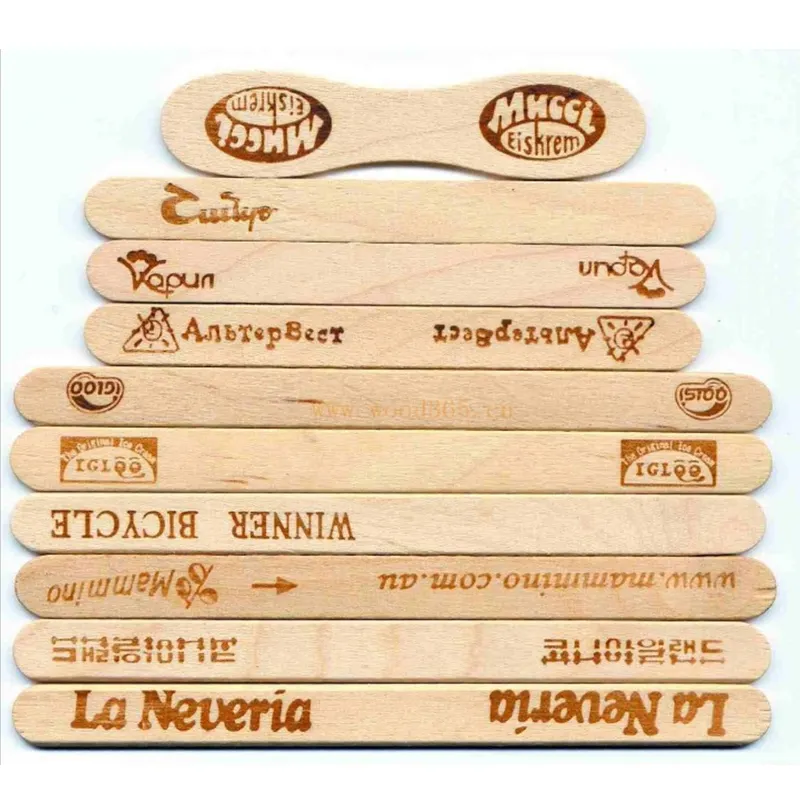 Umweltfreundliche Lebensmittelqualität Einweg-Logo-Stempel 114 * 10 * 2 mm graviert flach Mini-Holz Birkenholz runder Eis-Stick