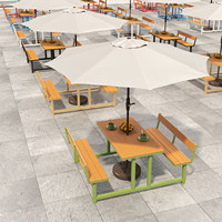 Ensemble table et chaise monobloc d'extérieur avec dossier intégré, idéal pour les cafés, les cours et les cantines, avec parasol en bambou intégré pour la restauration.
