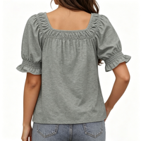 T-shirt gris à col carré et manches courtes bouffantes pour femme, coupe décontractée, avec poignets à volants, haut d'été tendance