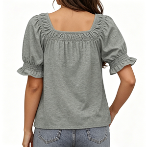 Camiseta Gris de Cuello Cuadrado con Mangas Cortas Abullonadas para Mujer, Blusa Casual Holgada con Volantes en los Puños, Top de Verano a la Moda - Product Image 3