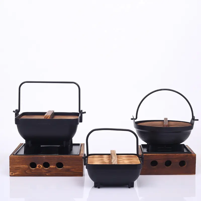 Sukiyaki vaso de ferro com tampa de madeira, conjunto de cozinha japonesa de fogão pendurado