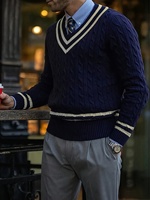 Pull décontracté pour homme style preppy, col en V, tricot torsadé, bordure rayée contrastante, manches longues, anti-plis, ODM