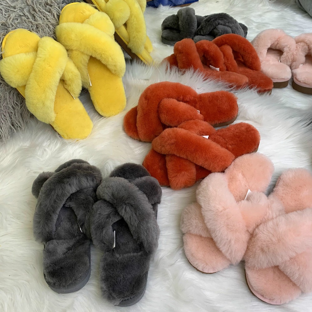 Quick Shipping house furry cross band fur slides women thong shoes plush genuine sheepskin drop shipping winter women slippers