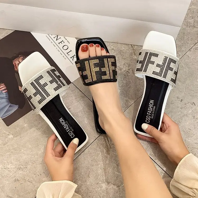 2023 new style Diamonds square toe female outside wear women's shoes slides large size twinkle Slipper for Women