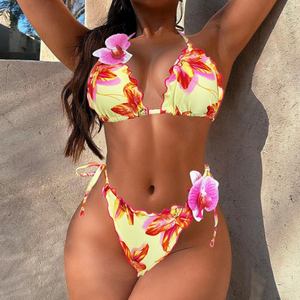 YY6324 2 pièces rayé 3D fleur Bikini <span class=keywords><strong>Triangle</strong></span> ensemble maillot de bain dos nu pour femme - Product Image 1