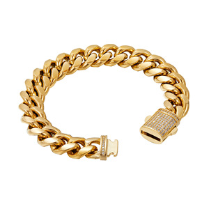 Stainless Steel Miami Cuban Link <b>Chain</b> With Inced <b>Out</b> Buckle - PVD 18K Gold Plated Durable Density Bracelet (8-14mm Width) - Product Image 3