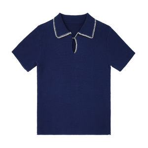 Polo en tricot pour homme, manches courtes, bleu marine uni, col à bouton unique, détails de couture, vêtement d'été, pull pour homme - Product Image 1