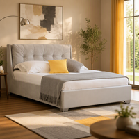 Cadre de lit moderne en tissu gris clair rembourré avec rangement intégré