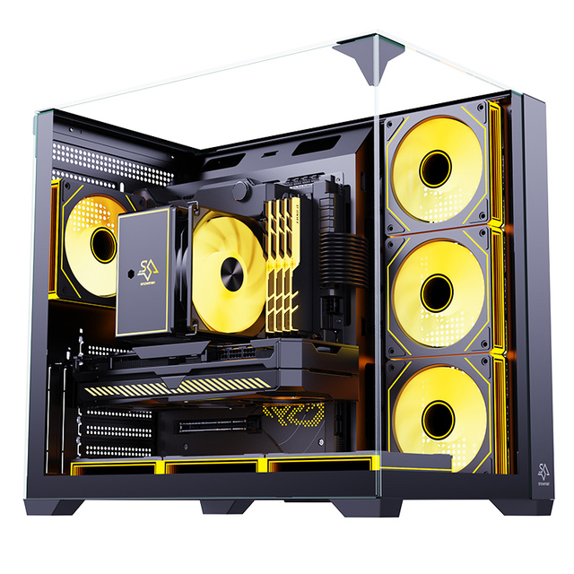 SNOWMAN New Model ATX Three Sided Glass Gaming PC Case Internal Hardware in Sight Bottom Power Supply with Type-C Port
