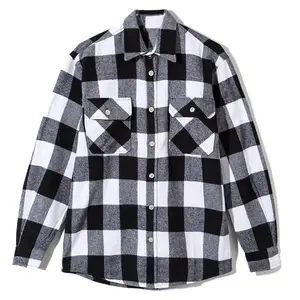 Men Big Check Thick Oversize Flannel Shirts Wholesale High Quality Button Up Casual Plus Size Black And White Plaid Shirts