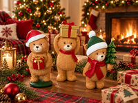 Set aus 3 Weihnachts-Stehbären-Figuren mit Roter Geschenkbox, Weihnachtsmütze und Schal, Baumdekoration für Kinderzimmer und Zuhause