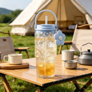Plastic Water Bottle With Straw Floral Design <b>Large</b> Capacity Portable For Outdoor Use - Product Image 1