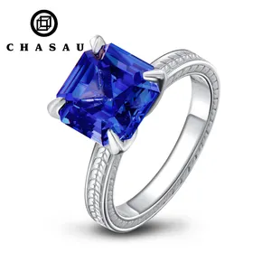 Enorme diamante 6ct Asscher corte azul CZ Cubic Zirconia 925 anillo solitario de plata esterlina para mujer compromiso de boda