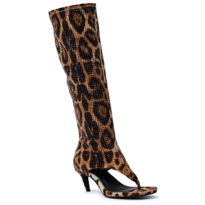 Модные полусапожки до колена с открытым носком, на каблуке с леопардовым принтом и стразами для лета и весны - Product Image 4