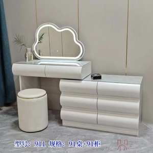 Table de vanité de chambre d'appartement moderne nordique <span class=keywords><strong>grande</strong></span> <span class=keywords><strong>commode</strong></span> d'armoire latérale avec tabouret rond de miroir de LED Table de maquillage en bois de MDF blanc - Product Image 5