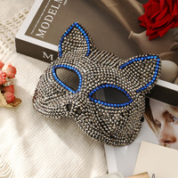 Masque de mascarade en strass fait main en forme de visage de chat, accessoire de costume pour fête d'Halloween, vente en gros, personnalisable, directement de l'usine