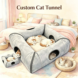 Custom Semi Enclosed <b>Cat</b> Tunnel Bed With Multi Entrance Soft <b>Plush</b> Hideout For Indoor <b>Cats</b> Portable Breathable Mesh Design - Product Image 1