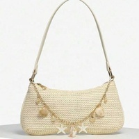 Sac à bandoulière vintage tendance en cuir et paille avec fermeture éclair, orné de perles de coquillage, petit format, haut de gamme, décontracté et polyvalent