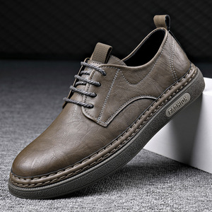 Men's Casual Leather Shoes <b>Round</b> Toe Lace-up Plush Lining Rubber Outsole <b>Cushioned</b> Autumn Fashion Workwear - Product Image 1