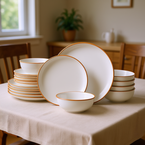 Service de vaisselle en céramique blanche 18 pièces pour 6 personnes avec incrustations dorées, design minimaliste, passe au lave-vaisselle - Product Image 2