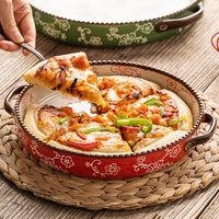 Assiettes Modernes à Double Anse Peintes à la Main, Vaisselle de Cuisine Durable, Assiettes Rondes en Céramique Rouge et Vert