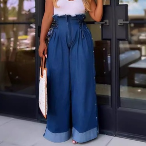 Women's High Waist Straight Jeans Casual Tie <b>Rope</b> Button Stretch Wide Leg Pants Fashion - Product Image 3