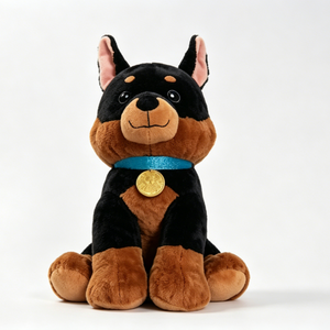 Peluche Personalizado de Doberman Pinscher, Cachorro de Doberman Sentado en Color Negro y Marrón con Collar Azul y Etiqueta de Medalla Dorada - Product Image 6