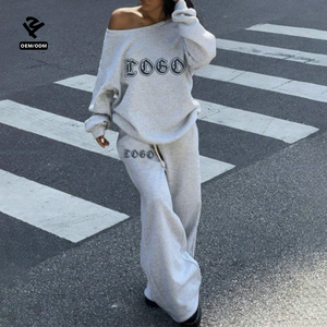 F5760 Y2K Quá Khổ Mồ Hôi Thiết Lập Cho Phụ Nữ Ánh Sáng Grey Chân Rộng Loungewear Co-ORD Sexy Tắt Vai Áo Và Palazzo Quần - Product Image 1