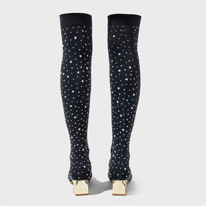Japanese Style Pointed Stiletto High Heel Black Leather Knee-High <b>Boots</b> with Silver Fabric Winter Fashion Sexy Stockings - Product Image 4