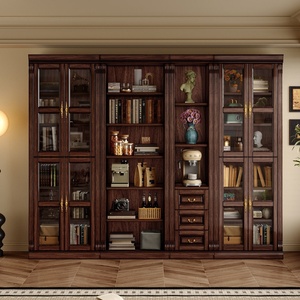 Bibliothèque de style américain antique en bois de noyer massif avec porte en verre et rangement à tiroirs pour salon ou bibliothèque à domicile - Product Image 4