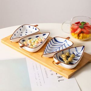 Hand-painted Underglaze Colored <b>Ceramic</b> Snack Dish Set Leaf-Shaped Dried Fruit Nut Dishes with Wooden Tray Sushi Fruit Dish - Product Image 4