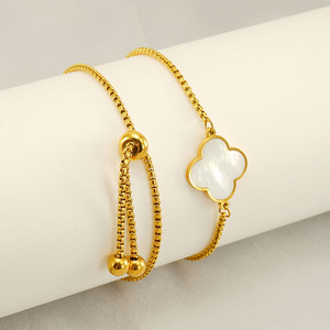 Adjustable 18K Gold Plated Stainless Steel <b>Shell</b> Pearl Zircon Four-Leaf Clover Shape Chain & Link <b>Bracelet</b> Bangles for Girl Gift - Product Image 3