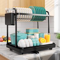 Égouttoir à vaisselle à 2 niveaux - Égouttoir à vaisselle en acier inoxydable avec porte-couverts pour l'organisation et le rangement du comptoir de cuisine