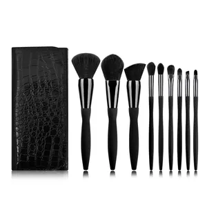 9 Stück hochwertige vegane synthetische Make-up Pinsel Private Label Make-up Pinsel Set mit schwarzer Ledertasche