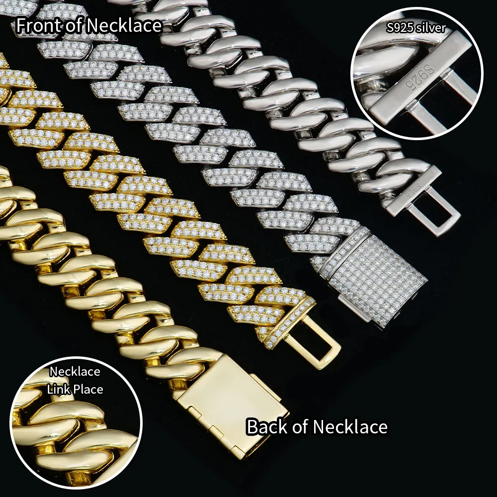 Moissanite miami Cuban link Prong necklace solid 925 sterling silver Rapper Chain iced out hiphop cuban link Chain