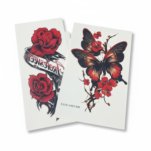 รอยสักชั่วคราวรูปผีเสื้อกุหลาบแดงกันน้ำ สมจริง ติดทนนาน สติ๊กเกอร์ศิลปะบนร่างกายสำหรับผู้หญิง สไตล์อินเทรนด์ เซ็กซี่ ติดที่แขนหรือคอ - Product Image 1