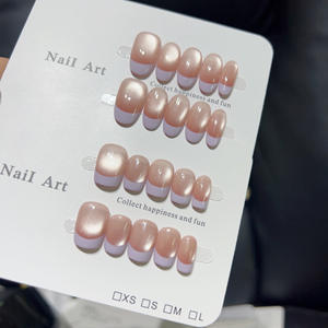 Venta al por mayor 10 piezas hechas a mano francés púrpura gato ojo prensa en las <span class=keywords><strong>uñas</strong></span> corto cuadrado redondo reutilizable personalizado <span class=keywords><strong>uñas</strong></span> artificiales OEM - Product Image 2