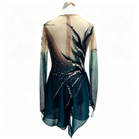 Costume de patinage artistique vert foncé dégradé avec strass, manches longues en maille pour la performance de danse sur glace en compétition