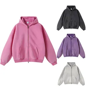 Bán Buôn Biểu Tượng Tùy Chỉnh Thêu Phun In Ấn Sang Trọng Quá Khổ Màu Đen Heavyweight Bông Đá Axit Rửa Zip Up Áo Cho Nam Giới